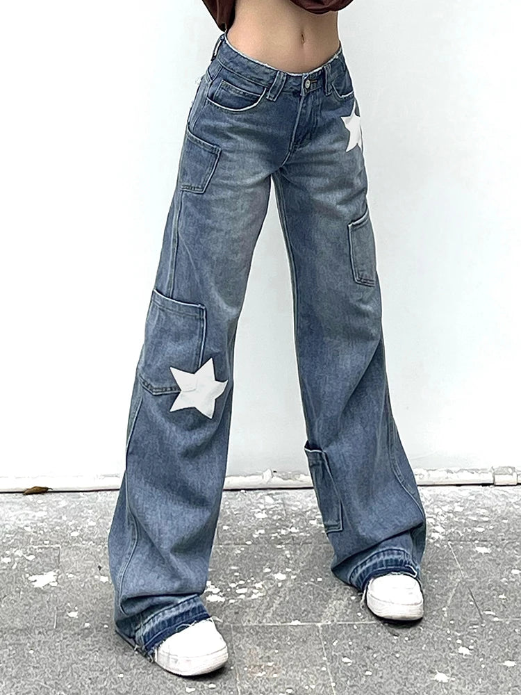 LIZAKOSHT  -  Low Rise Baggy Jeans Y2K Star Print Denim Pockets Patchwork Women Pants Streetwear Retro Casual Jean Trousers Korean