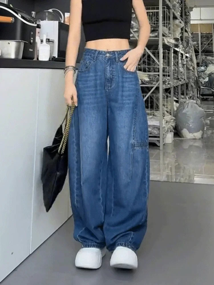 LIZAKOSHT  -  Blue Jeans Women Y2K Hip Hop Fashion Vintage High Waisted Cargo Jeans Streetwear Casual Loose Large Size Wide Leg Denim Pants