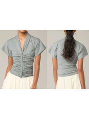 LIZAKOSHT  -  Women s V Neck Short Sleeve Pleated Solid Color  Fit T-shirt Casual Summer Top for Daily Streetwear Fashion