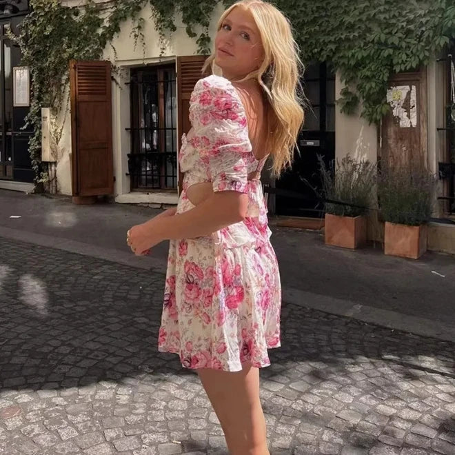 LIZAKOSHT  -  Sexy Backless Hollow Out Waist Mini Dress Women Robe Vintage Short Sleeve Floral Print Boho Dress Summer Party Vestidos