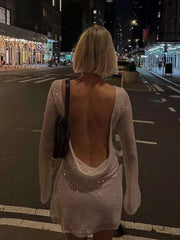 LIZAKOSHT  -  Women Sequins Evening Mini Dresses Y2K Sexy Backless Long Sleeve O Neck Lady Short Dress Elegant New Fashion Party Vestidos