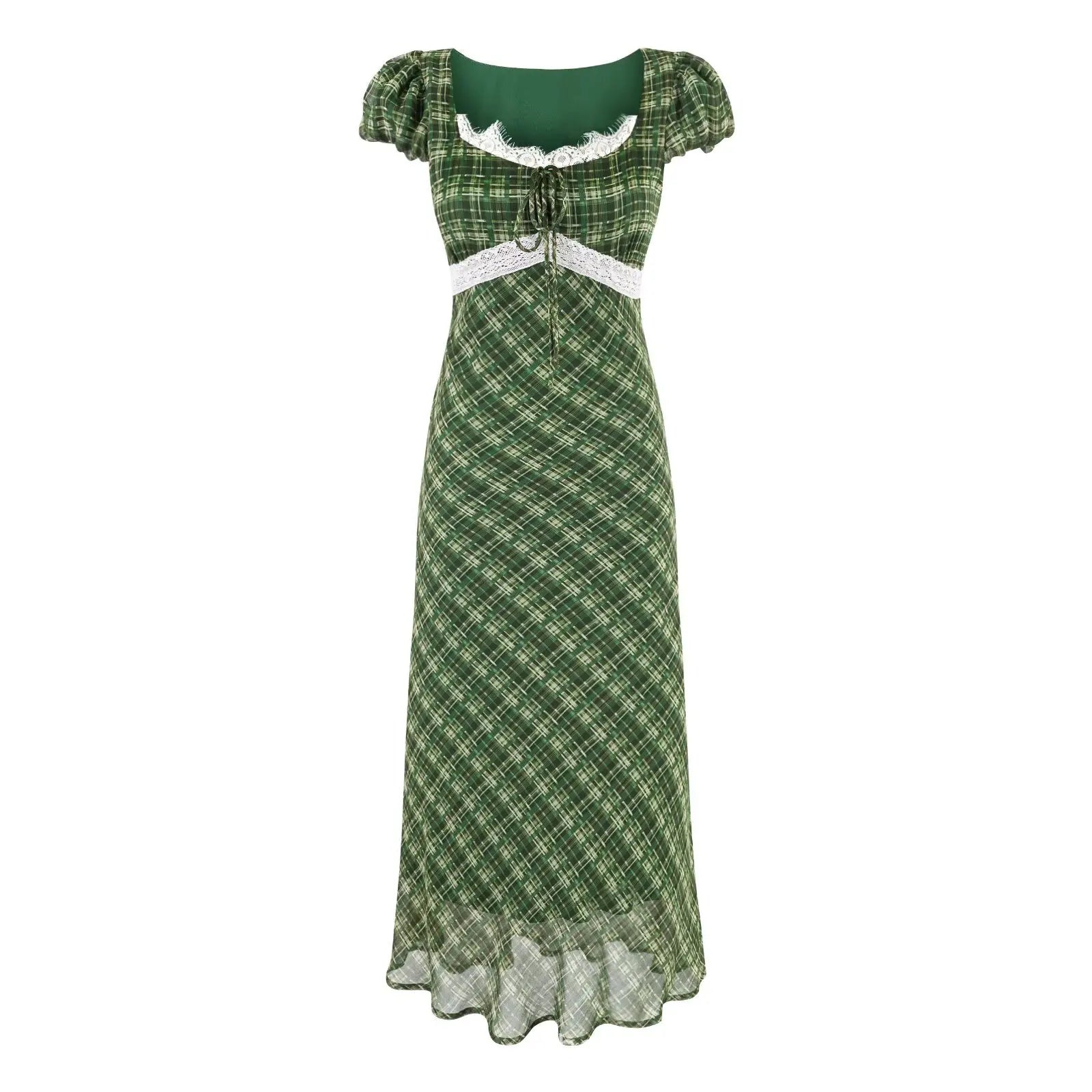 LIZAKOSHT  -  Summer New Women's Clothing French Green Grid Square Collar Lace Patchwork Jumpsuit Sweet and Fresh Club Party Long Dress