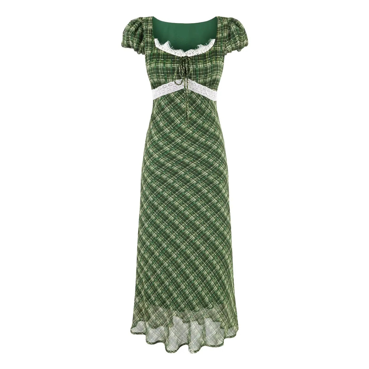 LIZAKOSHT  -  Summer New Women's Clothing French Green Grid Square Collar Lace Patchwork Jumpsuit Sweet and Fresh Club Party Long Dress