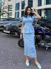 LIZAKOSHT  -  Y2k Women Denim Sets Office Work Lapel Ruff Sleeves Cinching Waist Slim Tops Baggy Long Jeans Dress 2 Piece Suits Chic Elegant