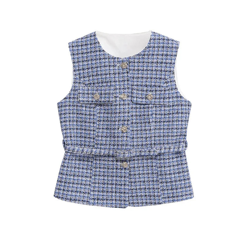 LIZAKOSHT  -  Autumn Belt Sleeveless Vest Shirt Women O Neck Patchwork Gold Button Cardigan Tops 2025 Street Elegant Casual Tank Top