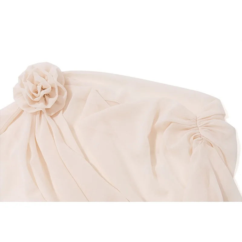 LIZAKOSHT  -  Sexy Elegant Irregular Oblique-neck Rose Flower Applique T Shirt Summer Off Shoulder Long Sleeve Crop Tops Street Mesh Tees
