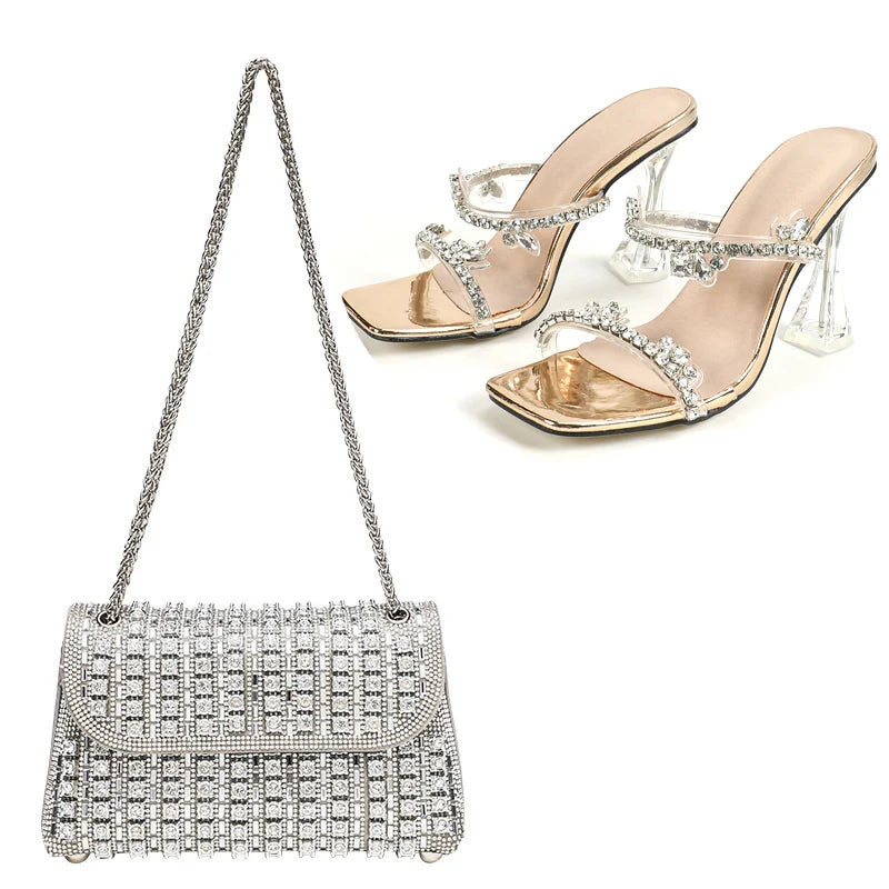 LIZAKOSHT  -  Fashion Rhinestone Slippers For Women's 2025 Summer New Crystal Thick Heel Transparent Sandals Full Diamond Shoulder Bag Set