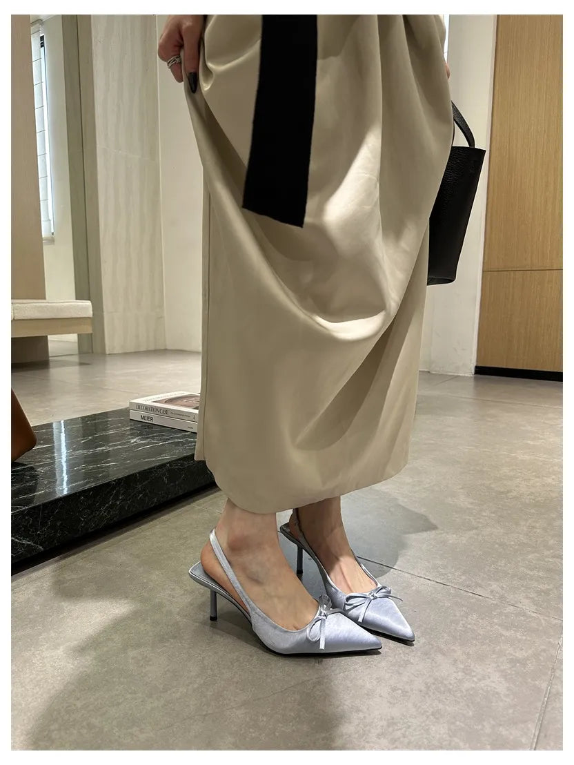 LIZAKOSHT  -  Women Thin Heels Slingback Sandals Elegant Pointed Toe Pumps New Brand Designer Bow Knot Party Dress Wedding Shoes Footwear