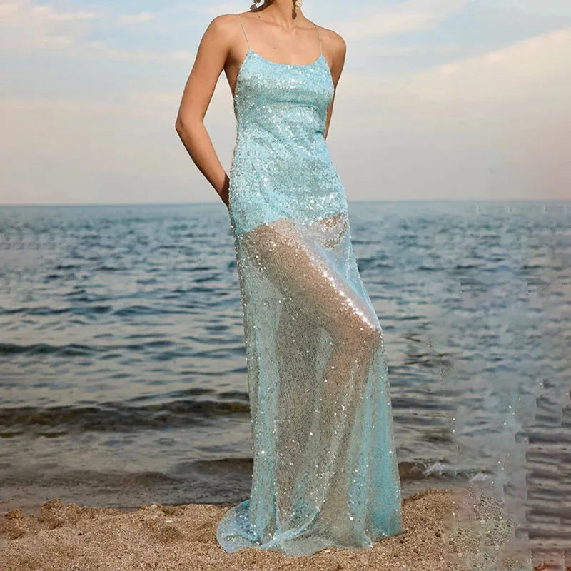 LIZAKOSHT  -  Fashion Solid Sequined Slip Maxi Dress For Women Sexy Sleeveless Backless Floor-length Dress Lady Shinning Evening Vestidos