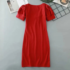 LIZAKOSHT  -  Sexy Mini Skirt Dress with Pleats Bodycon Short Dress Low Cut Square Collar Bubble Sleeve Women's Clothing Club Dress