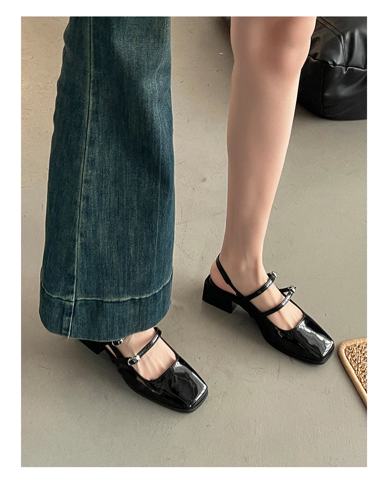 LIZAKOSHT  -  Retro Style Summer Thick Heel Women Sandals Fashion Square Toe Singbacks Shoes Ladies Elegant Party Dress Sandalias