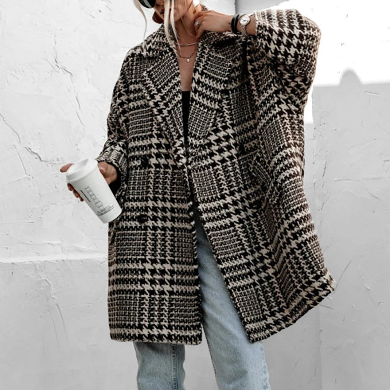 LIZAKOSHT  -  Elegant Turn-down Collar Woolen Jacket Women Coat Fall Double Breasted Commuter Top Cardigan Winter Houndstooth Print Outerwears