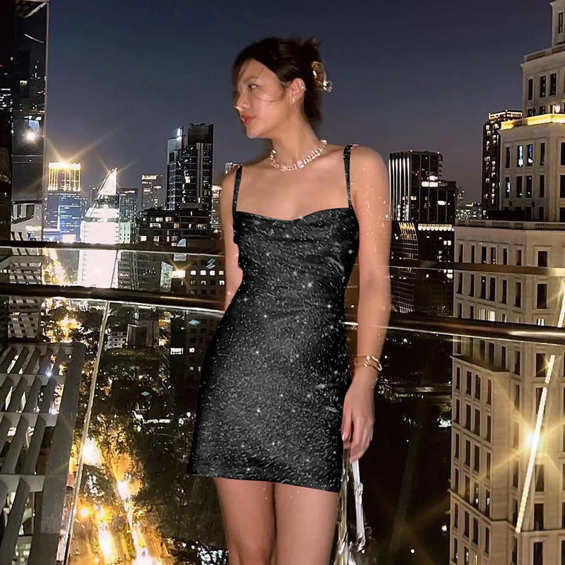 LIZAKOSHT  -  Women Dresses All Season Korean Fitting Slim Stick Sleeveless Off Shoulder Mini Dresses Party Club Vestidos Mini Dress