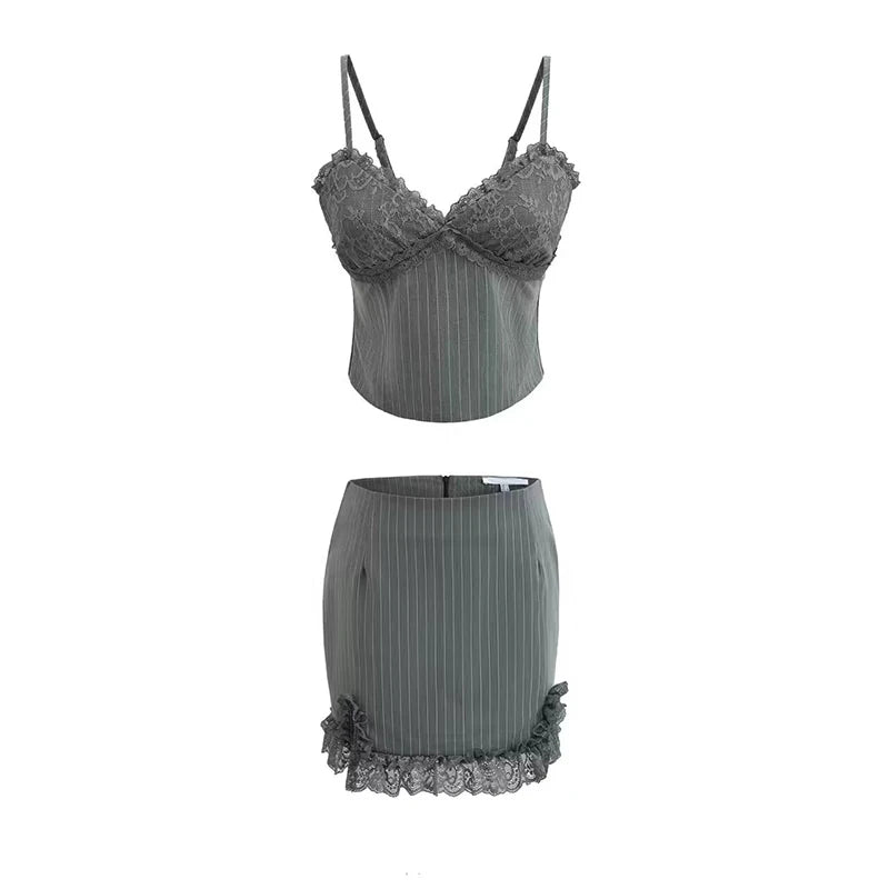 LIZAKOSHT  -  Y2K Lace Patchwork Striped Mini Skirt Women Sexy Slim Slit Summer Skirts