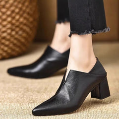 LIZAKOSHT  -  Women's  Pointed Toe Block Heel Pumps Soft Leather Deep Mouth Slip On Shoes Elegant Mid Heel Office Ladies Footwear for Autumn