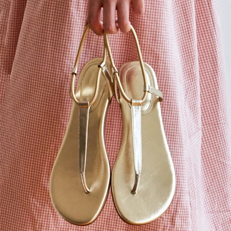 LIZAKOSHT  -  Summer Clip Toe Thong Flipflops Ladies Gold Gladiator Sandals Flats Narrow Band Roman Shoes Female Antiskid Beach Sandalias
