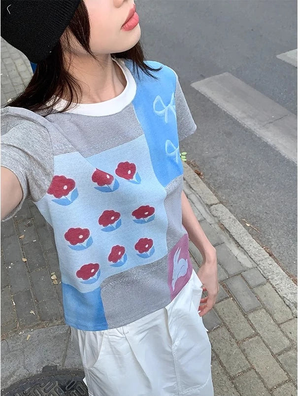 LIZAKOSHT  -  Korean chic  Summer O Neck Short Sleeve Geometric Print Cartoon Slim Women's T-shirts