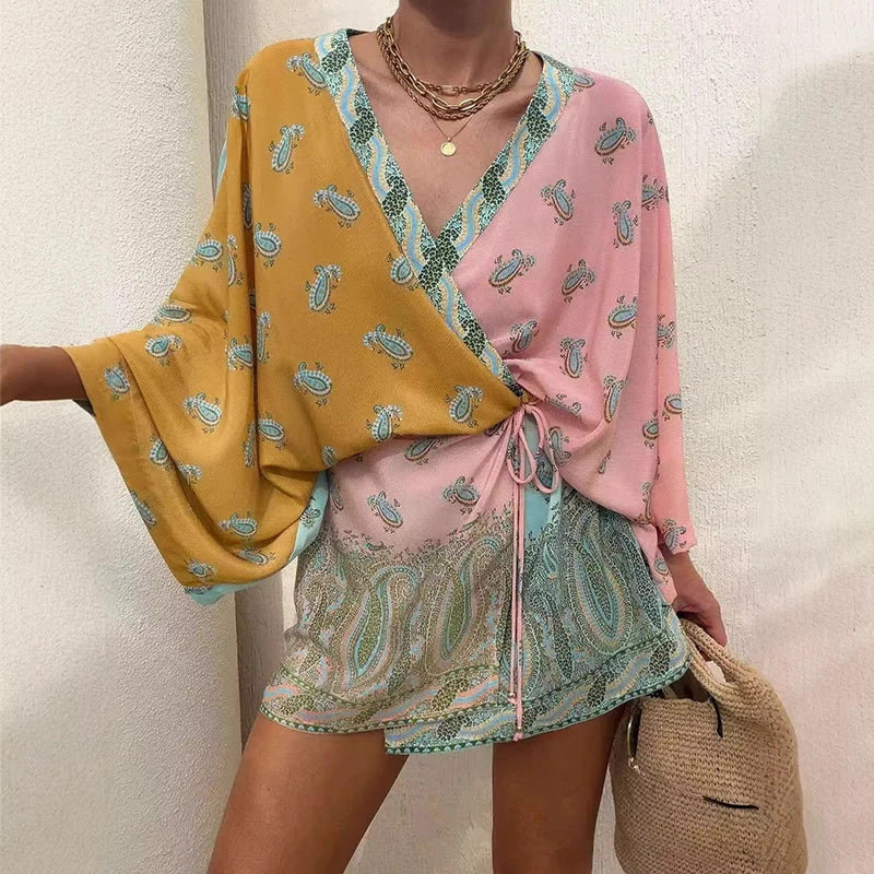 LIZAKOSHT  -  Women Fashion Pattern Print Mini Party Dress Elegant Deep V-neck Cover Up Robe Dress Casual Lantern Sleeve Lace-Up A-Line Dress