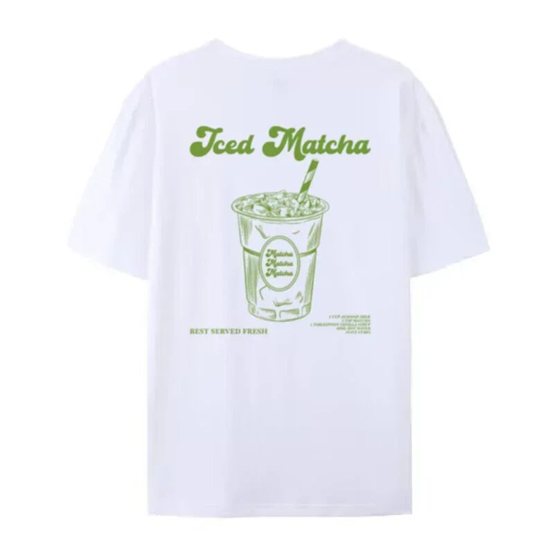 LIZAKOSHT  -  Iced Matcha Graphic Top Tees Short Sleeve Retro Aesthetic T-Shirts Cute Matcha Lover T Shirt Women Oversized Streetwear Clothing