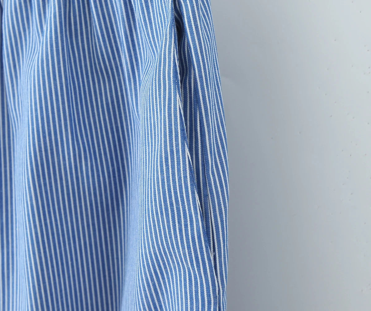 LIZAKOSHT  -  CHIC Blue White Stripes Cotton Wide leg Pants Women Elastic Waist Loose Casual Floor Length Trousers Pants Pink