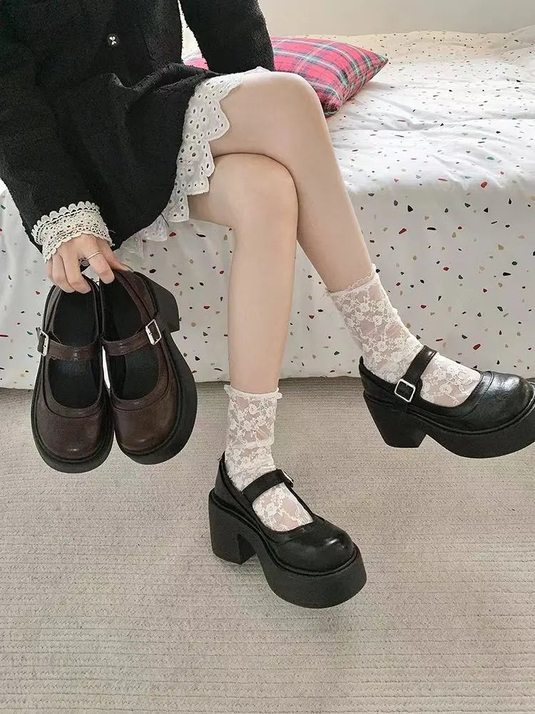 LIZAKOSHT  -  Bla Mary Jane Single oes for Women Thi Heel round Head Retro Japanese Sle Versatile Leather oes Roman Sle mid Heel