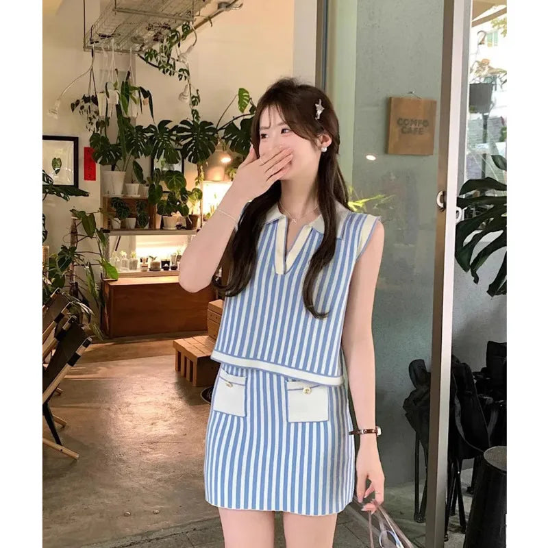LIZAKOSHT  -  Striped Korean Brand Knitted 2 Piece Sets Sleeveless Polo Collar Short Tops Mini Skirts Suits Patchwork Blue Y2K Women Clothing