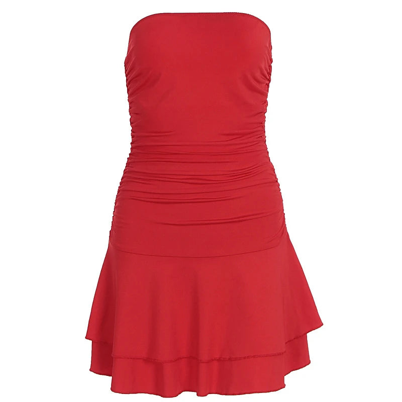 LIZAKOSHT  -  Summer New Women Dresses Strapless Sexy Sleeveless Pleated Pure Color Casual Mini Dress Streetwear Women Fashion Clothing
