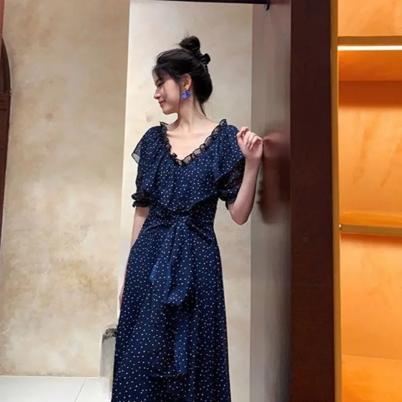 LIZAKOSHT  -  Women Dresses V Neck Polka Dot Ruffles Spring Summer Elegant Long Dress Korean Fashion Vintage Sweet Vestidos Mujer