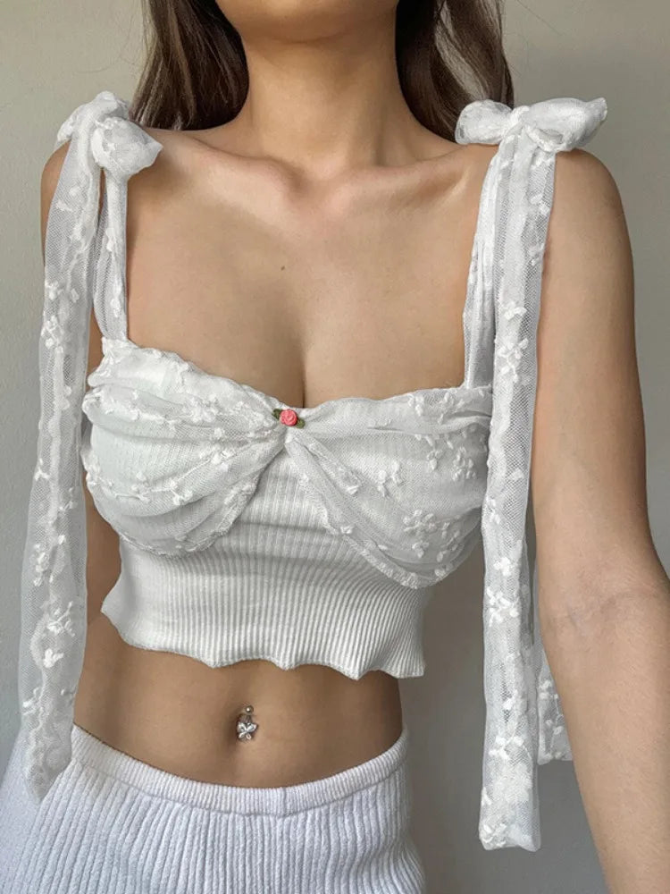 LIZAKOSHT  -  Y2k Aesthetics Lace Patchwork Tank Tops Sweet Bandage Harajuku Crop Vest Streetwear 3D Flower Slim Fit Grunge White E-girl Tanks