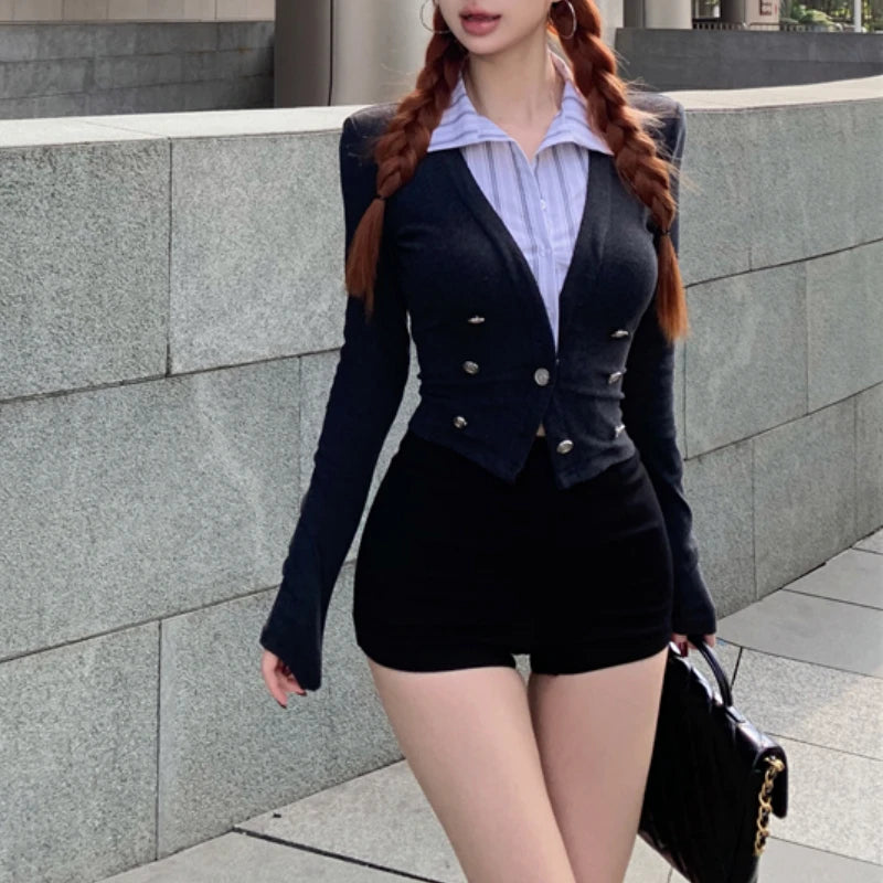 LIZAKOSHT  -  Fake Two-piece Multi-button Casual Long-sleeved Cardigan Women 2024 Autumn New Polo Collar Contrast Color Patchwork Knitted Tops