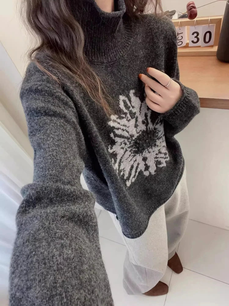 LIZAKOSHT  -  Women Y2k Aesthetic Vintage Flower Sweaters Streetwear Turtleneck Warm Winter Jumpers Grunge Harajuku Casual Loose Pullovers