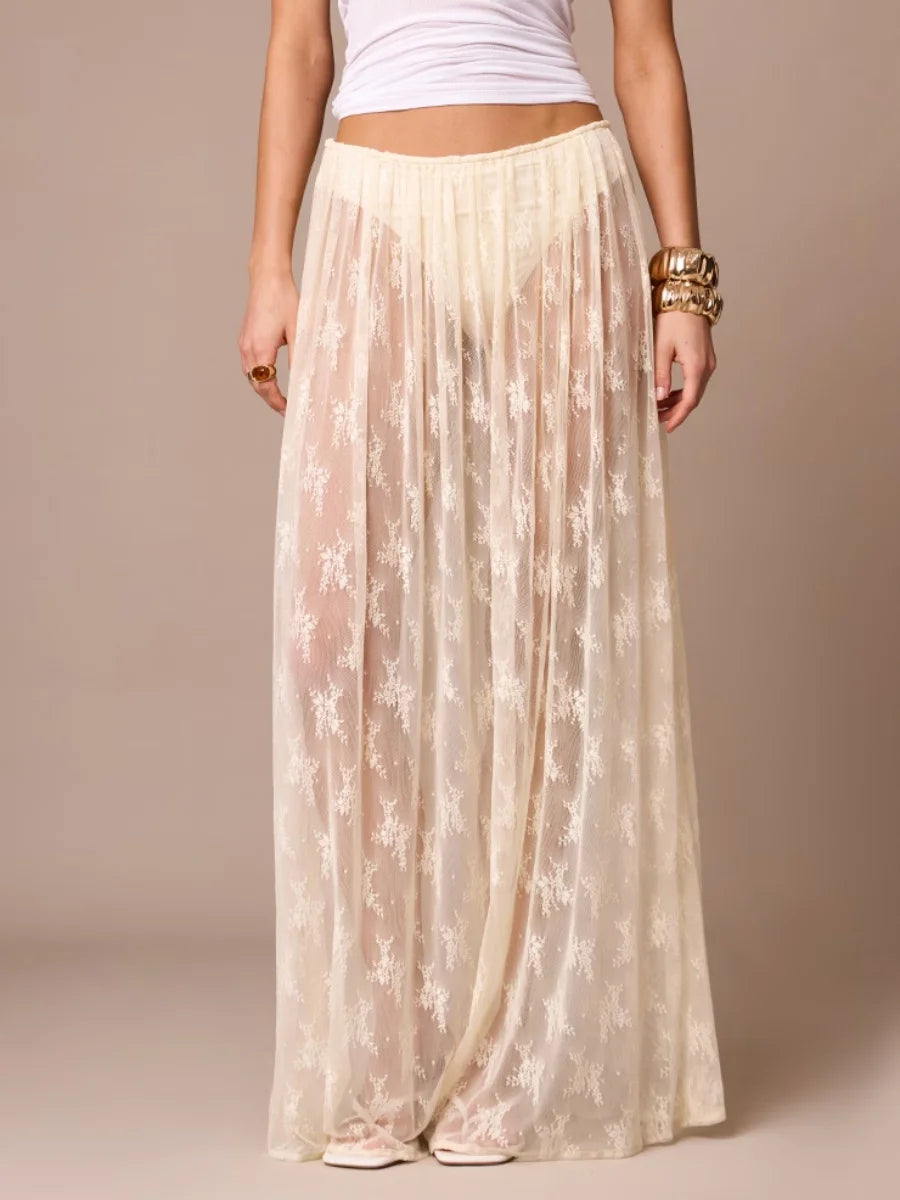 LIZAKOSHT  -  Womens Sexy Sheer Lace Skirt High Waisted Floral Embroidered See Through Ruffled A Line Long Maxi Long Beach Coverup Skirts