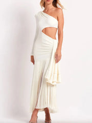LIZAKOSHT  -  Summer Dresses Sexy Skinny Women's Sleeveless Dress New Fashion Tasseled Pleated One-Shoulder White Robe Female