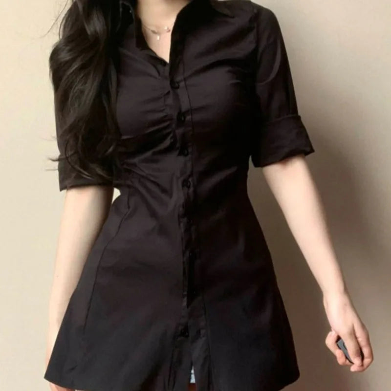 LIZAKOSHT  -  Casual Sexy Solid Color Slimming Smoothing Sexy Shirt Dress for Women Niche Design Sensibility Waist-fitted Mini-length Dress