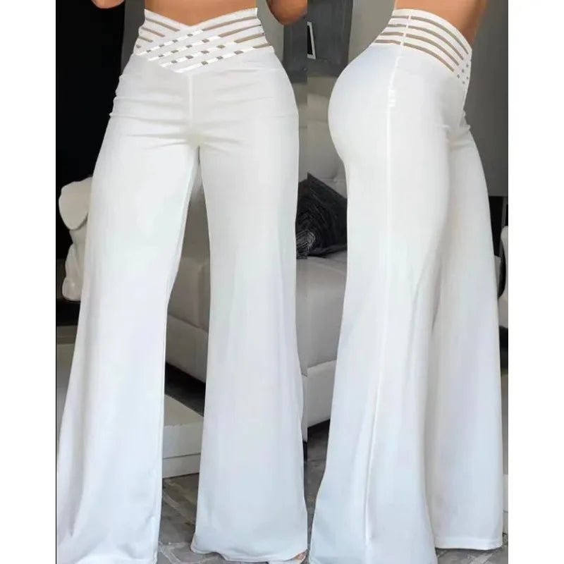 LIZAKOSHT  -  Pants Women's Cutout Cross-over Belted Elegant Commuter Slightly Flared High-waisted Wide-leg New Casual Trendy Niche Versatile