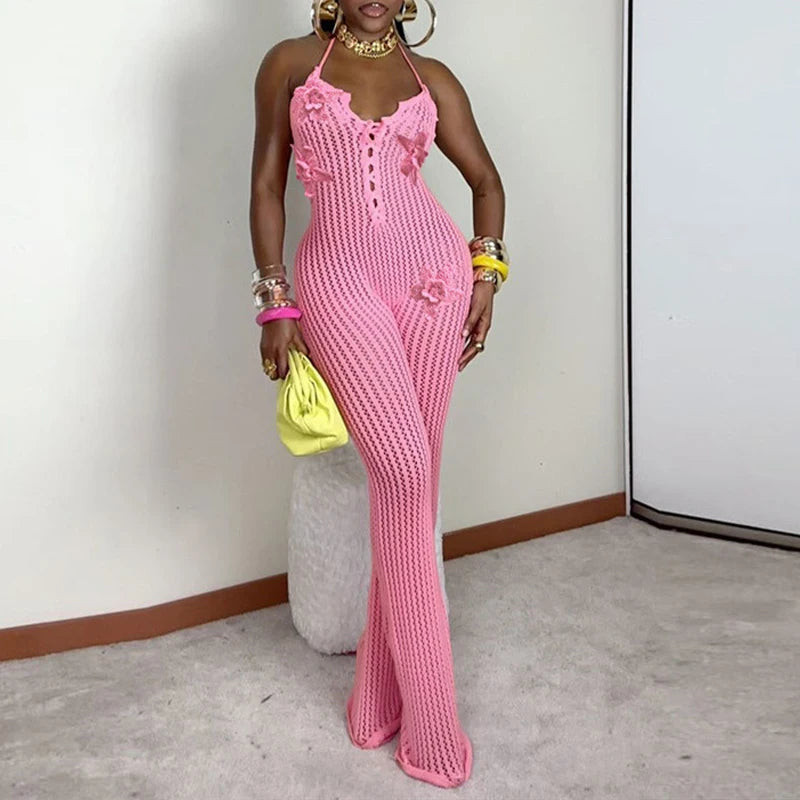 LIZAKOSHT  -  Knitted Halter High Elasticity See Through Halter Backless Solid Color Floral Appliques Club Street Low Cut Jumpsuit for Women