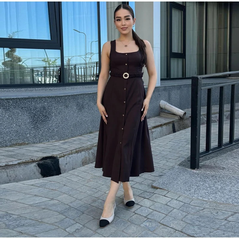 LIZAKOSHT  -  Elegant Single-Breasted Belt Sling Dress Women Fashion Sleeveless Waist-Cinching Pleated Robe 2025 Female Office New Dresses