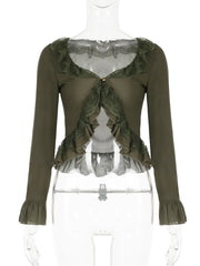 LIZAKOSHT  -  Ruffles Lace Trim Patchwork One Button Chiffon Cardigan Sexy See Through Chic Y2k Flared Long Sleeve Slim Crop Top Lady