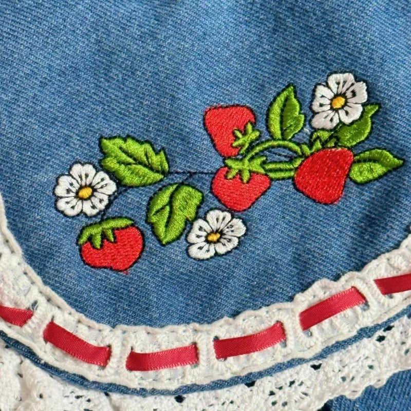 LIZAKOSHT  -  Denim Strawberry Flower Lace Backpack Casual Schoolbag Handbag Student Leisure Travel Commuter Backpack