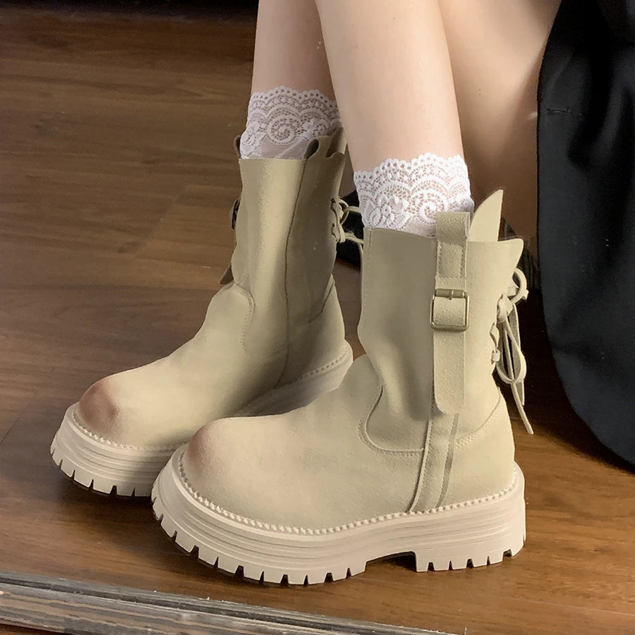 LIZAKOSHT  -  Rock Shoes Woman White Mid-Calf Boots  Boots-Women Low Lolita Ladies Autumn Retro Boots Women New 2024  Female Shoes Mid-Ca