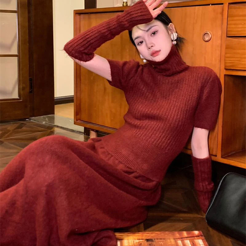 Fashion 2 Piece Skirt Set Women Short Sleeve Sweaters High Waist A-line Long Skirts Office Lady Slim Knitted Two Pieces Suits