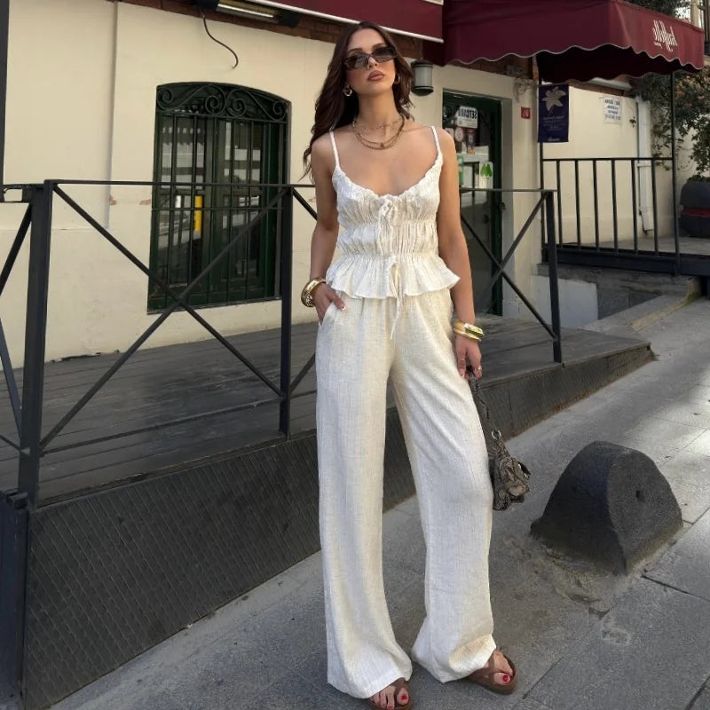 LIZAKOSHT  -  Solid Color Ruched Bandage V-neck Spaghetti Strap Tops and Wide Leg Long Pant Y2K Summer Casual New Women 2 Piece Sets