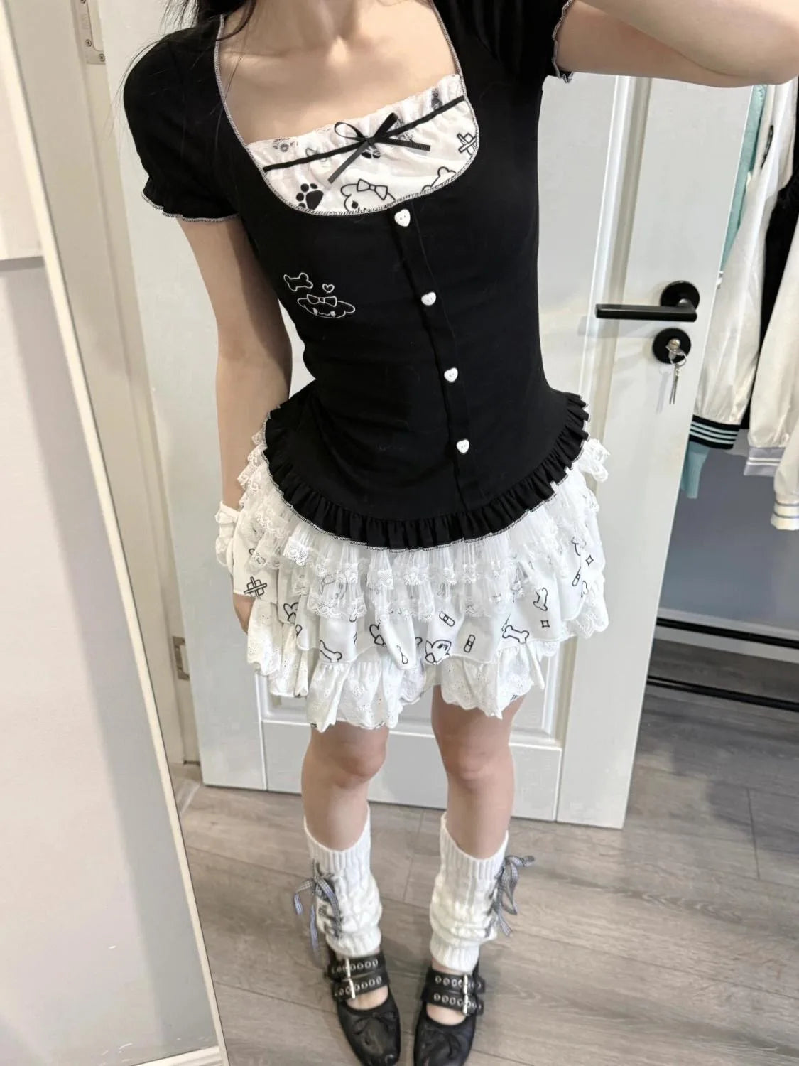 LIZAKOSHT  -  Summer Japanese Kawaii Patchwork Dress Women Cute Short Tops + Mini Pleated Skirts New Y2k Lace Bow Subculture Sweet Set