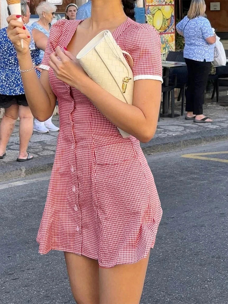 LIZAKOSHT  -  Women's Plaid Contrast A-line Mini Dress Casual Short Sleeve V Neck Vintage Short Dresses New Casual Female Chic Vestidos