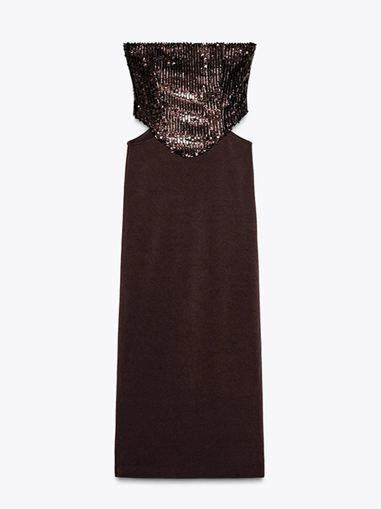 LIZAKOSHT  -  Sexy Sequin Patchwork Party Dress Brown Backless Sleeveless Tube Top Hollow Out Long Dresses 2025 Summer Solid High Street Robes