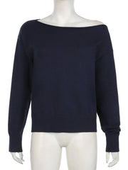 LIZAKOSHT  -  Casual Solid Off-Shoulder Sweater Basic Loose Crew Neck Long Sleeve Knitted Pullovers Women Autumn Winter Fashion
