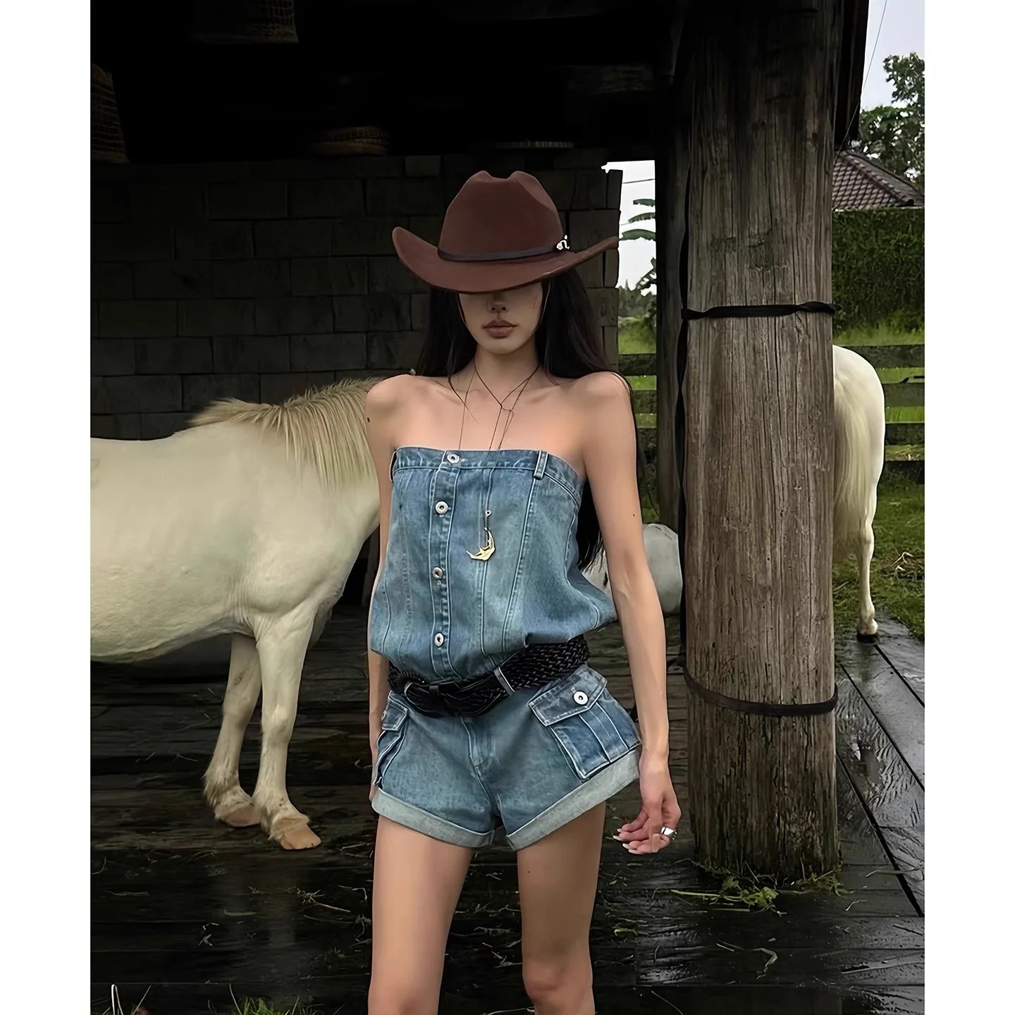 LIZAKOSHT  -  Sexy Spicy Girl Versatile Edge Slimming Shorts Summer Sleeveless Single Breasted Street Fashion Y2k Temperament Jeans Jumpsuit