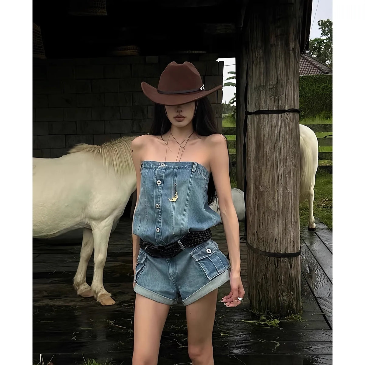 LIZAKOSHT  -  Sexy Spicy Girl Versatile Edge Slimming Shorts Summer Sleeveless Single Breasted Street Fashion Y2k Temperament Jeans Jumpsuit