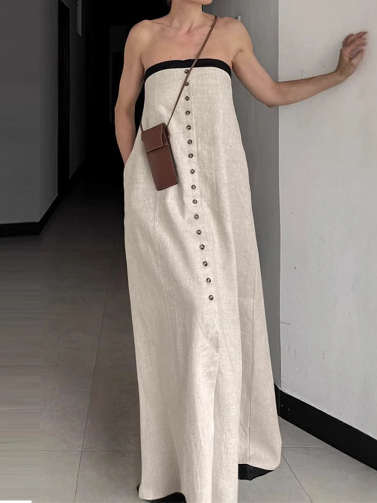 LIZAKOSHT  -  Temperament Color Blocked Backless Dress Elegant Strapless Sleeveless Dress Fashion Single Breasted Off Shoulder Vacation Dress