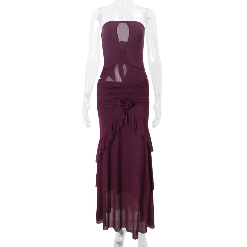 LIZAKOSHT  -  Sexy Strapless Mesh Patchwork Crop Top and Ruched Floral Appliques Long Skirts Solid Party Two Piece Club Beach Outfits